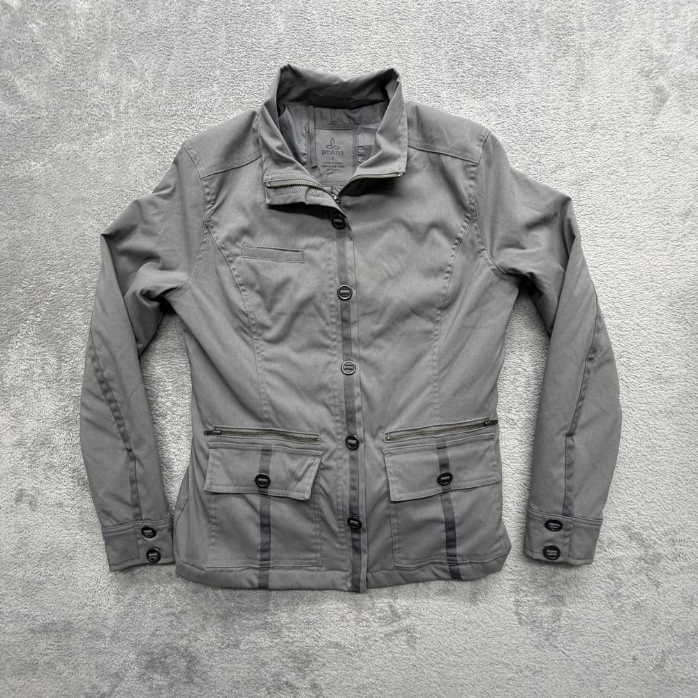 PrAna Jacket Womens Small Gray Military Collared Button Pockets Lined Insulated